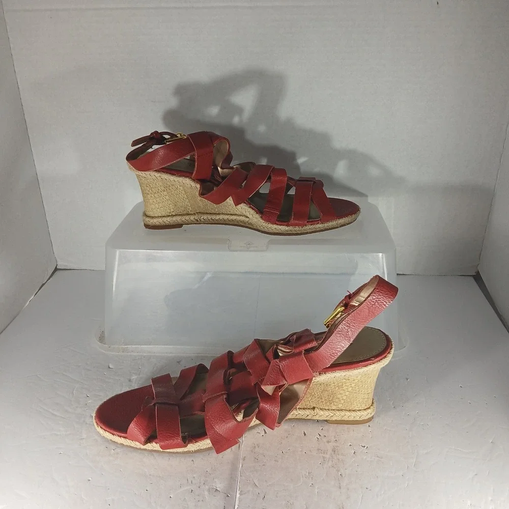 Chaps Espadrille Wedge Sandals 8B Red Strappy Buckle Summer Preppy Boho